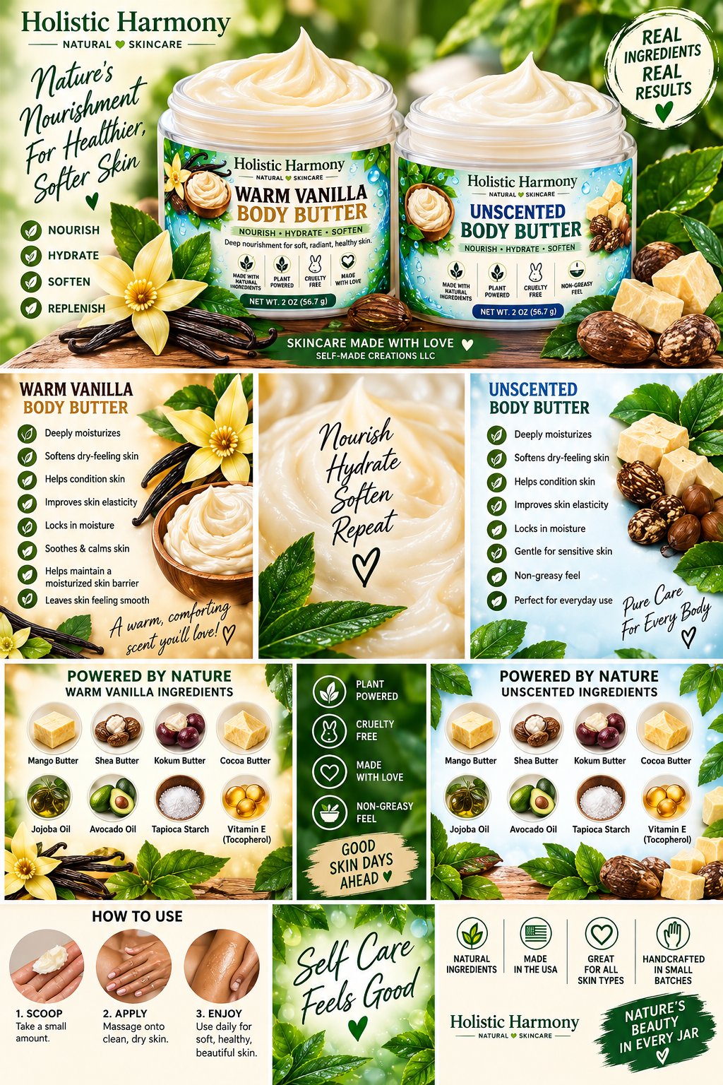 Holistic Harmony Warm Vanilla and Unscented Body Butter benefits and ingredients
