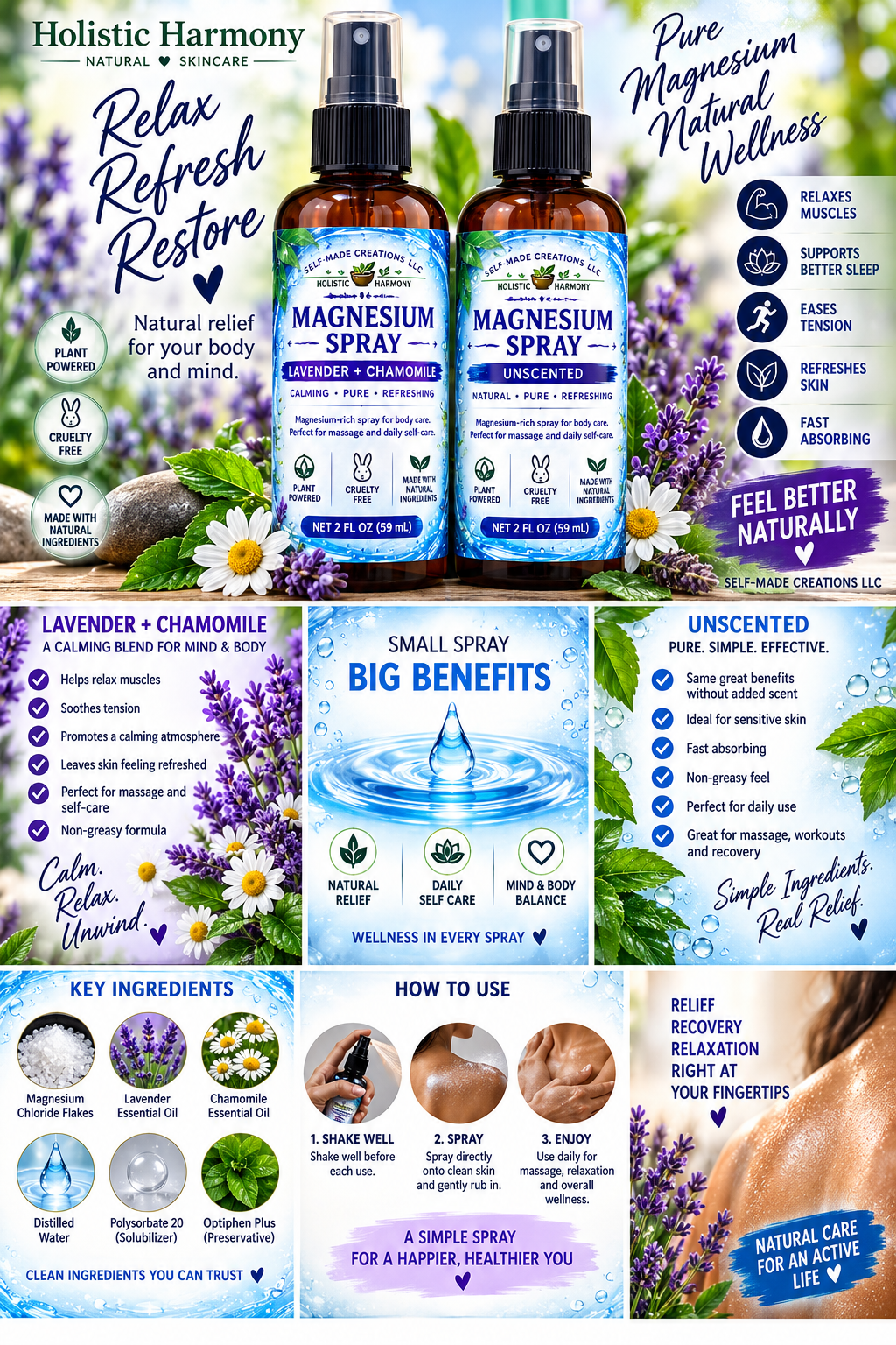 Holistic Harmony Magnesium Spray Lavender Chamomile and Unscented